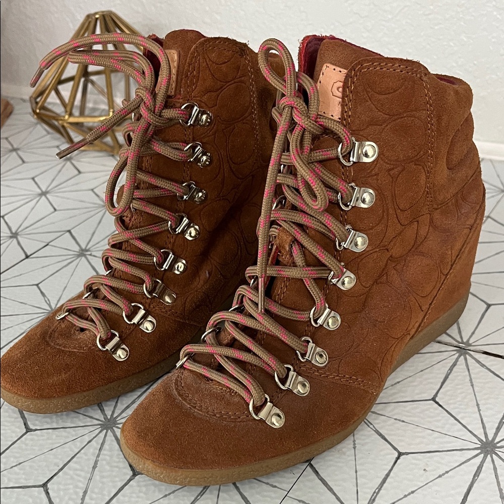 Coach Tan Lace-Up Wedge Booties